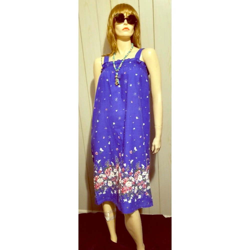 Vintage 70s Boho Blue Floral Jumper Sundress House Dress